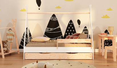 Drewniane łóżko domek w stylu TIPI z szufladą wykonane ze sklejki sosnowej w kolorze białym